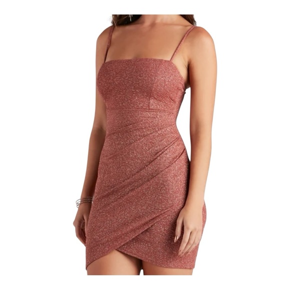 Windsor Shine on Ruched Glitter Mini Dress Rose Gold Sz: Small - Picture 2 of 11